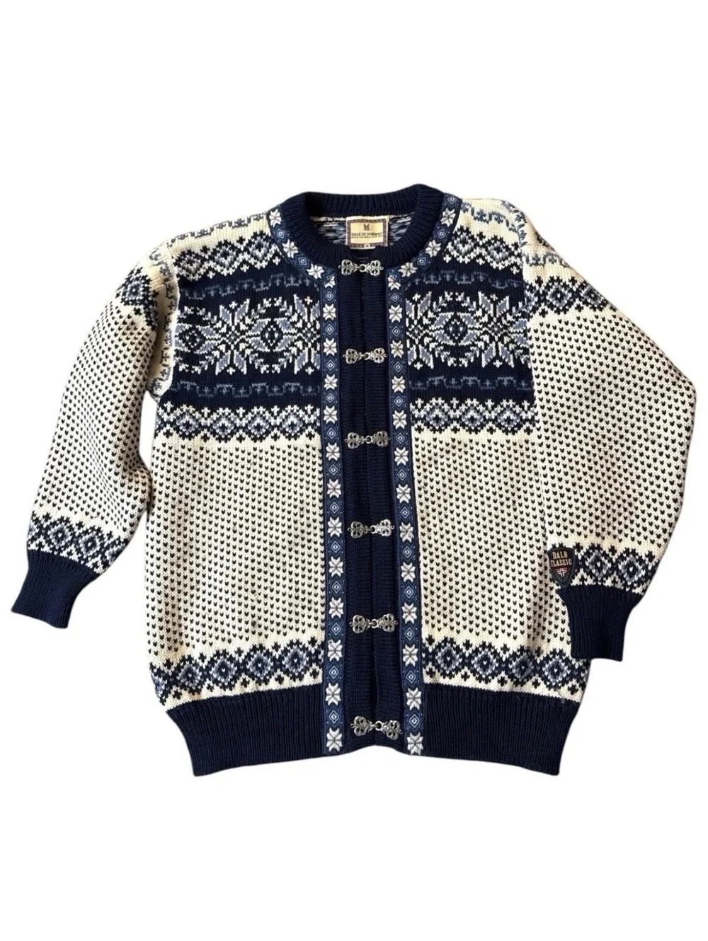 Dale of Norway Wool Nordic Cardigan Sweater Blue Cream Clasps NWOT M